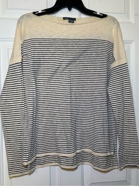 Vince Navy & Ivory Striped LS Cotton Sweater Boat Neck MEDIUM Preppy Nautical